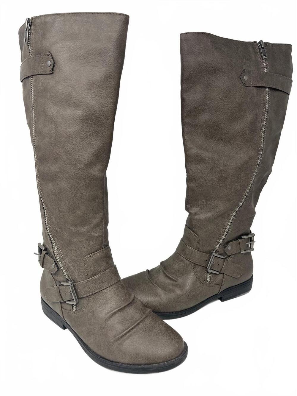 Women's Knee High Riding Boots Grey Faux Leather Buckle Slouch Flat Zip Size